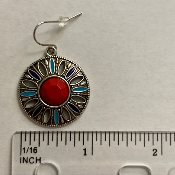 Boho Silver Floral Disk Drop Earrings - Picture 7 of 9